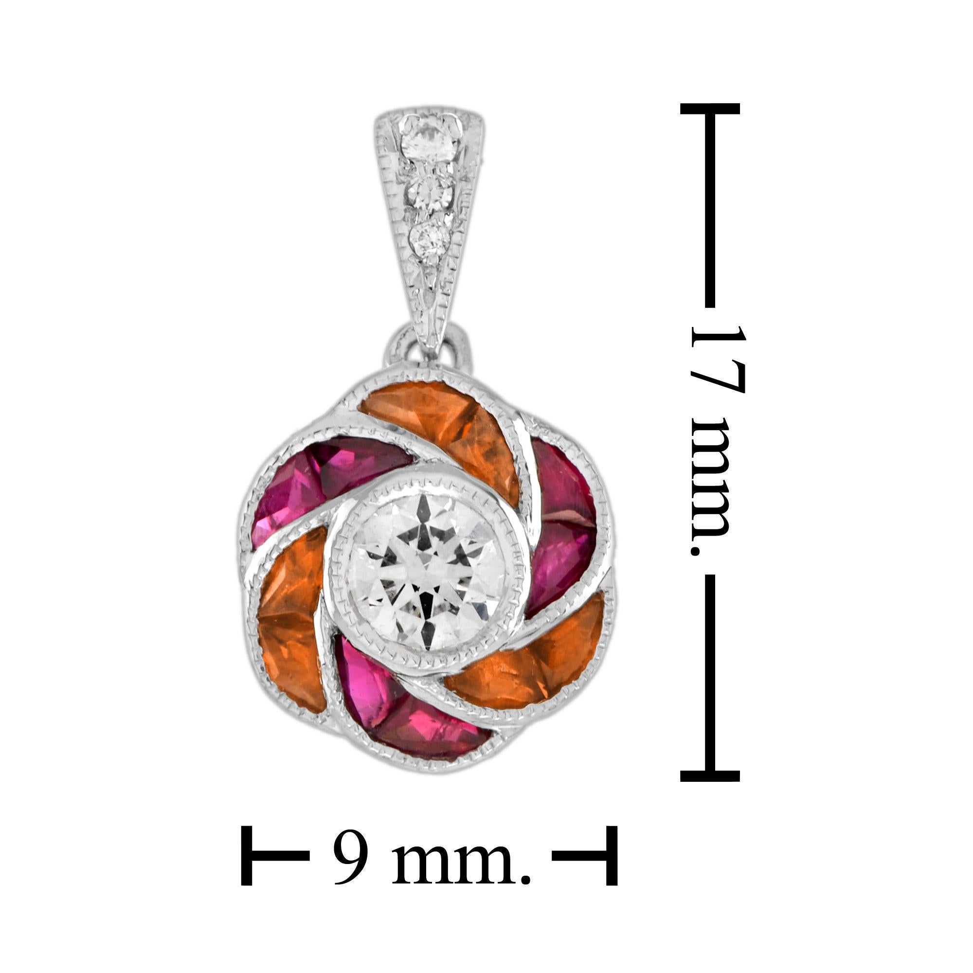 Women's Round Diamond Red Pink Ruby Orange Sapphire Floral 18K White Gold Pendant For Sale