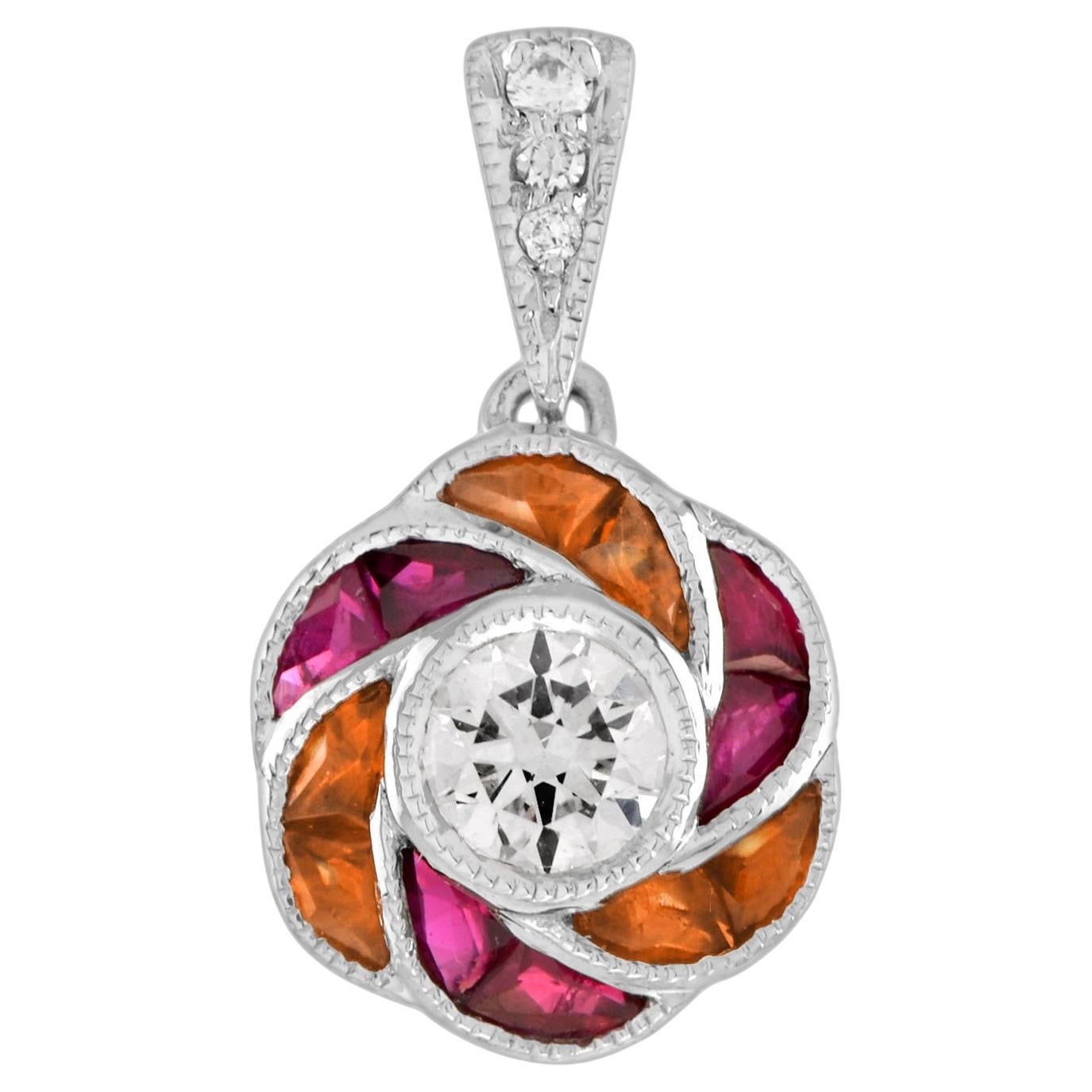 Round Diamond Red Pink Ruby Orange Sapphire Floral 18K White Gold Pendant