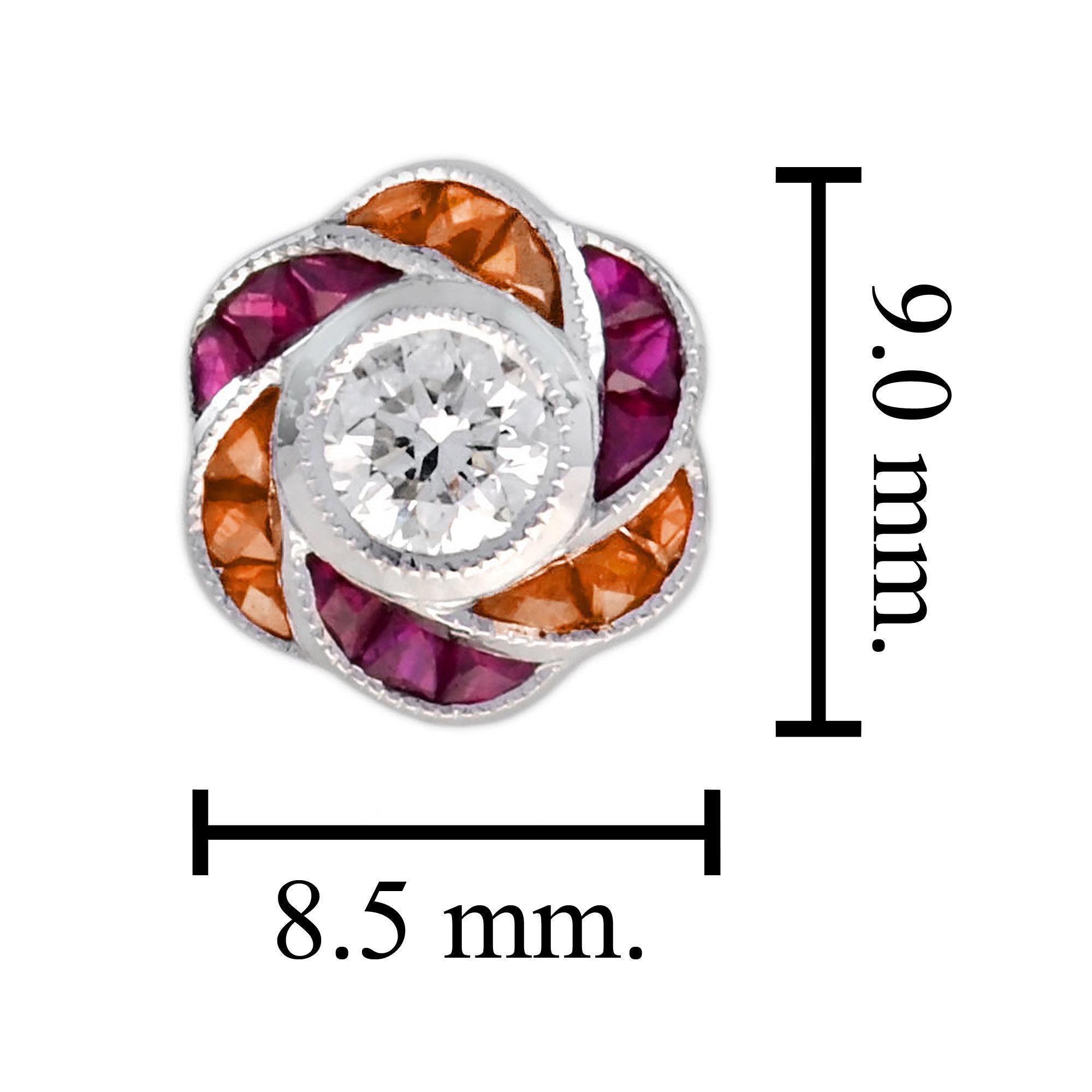 Brilliant Cut Round Diamond Red Pink Ruby Orange Sapphire Floral Stud 14K White Gold Earrings For Sale