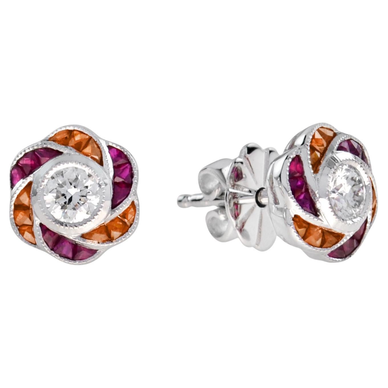 Round Diamond Red Pink Ruby Orange Sapphire Floral Stud 14K White Gold Earrings