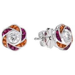 Round Diamond Red Pink Ruby Orange Sapphire Floral Stud 14K White Gold Earrings