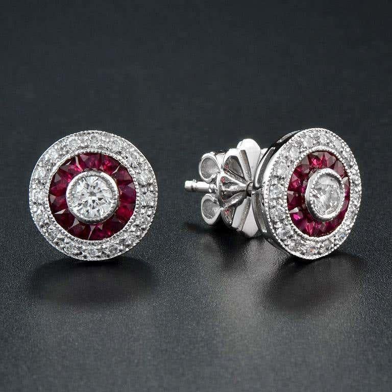 Art Deco Round Diamond & Red Ruby Double Halo Vintage Style Stud White Gold Earrings For Sale