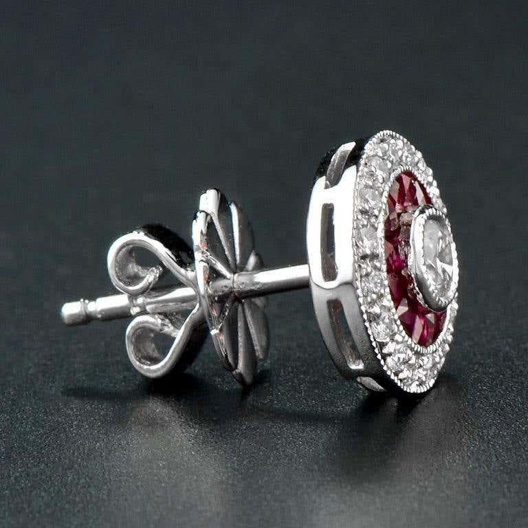 French Cut Round Diamond & Red Ruby Double Halo Vintage Style Stud White Gold Earrings For Sale