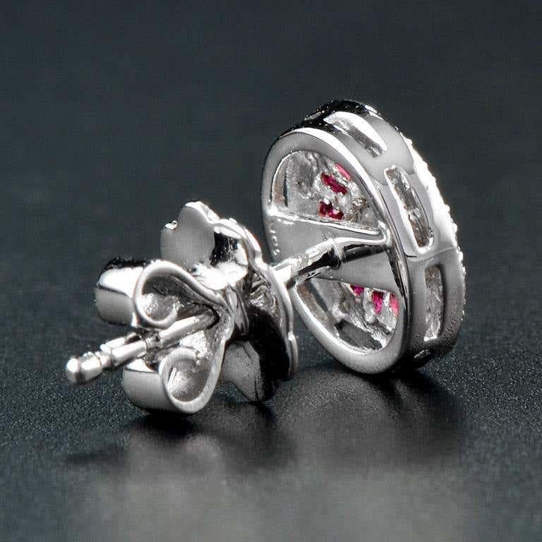 Round Diamond & Red Ruby Double Halo Vintage Style Stud White Gold Earrings In New Condition For Sale In Oakton, VA