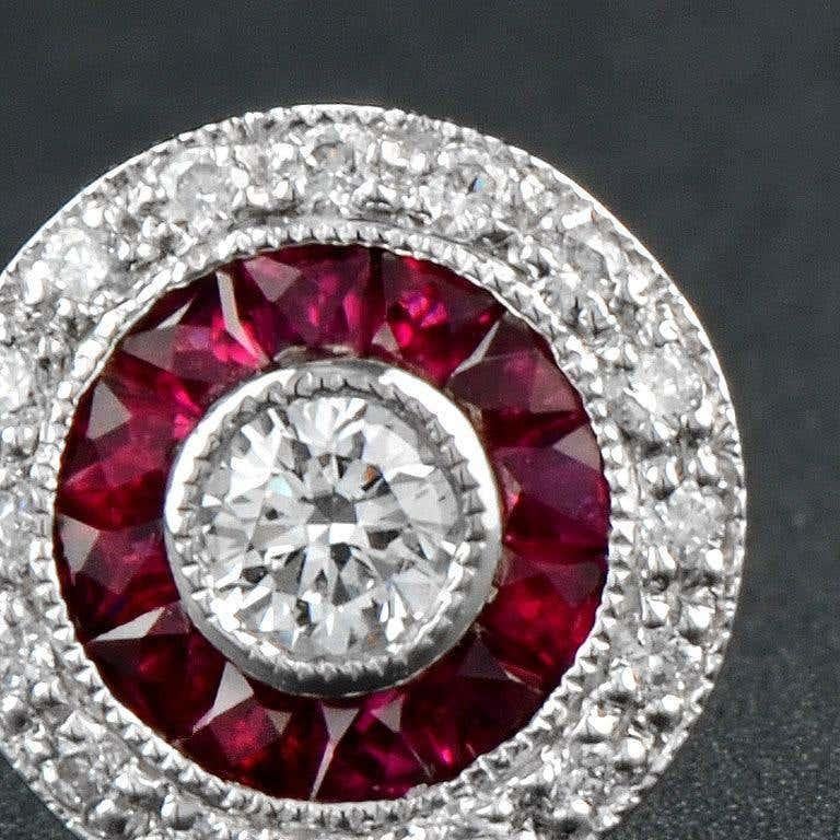 Women's Round Diamond & Red Ruby Double Halo Vintage Style Stud White Gold Earrings For Sale