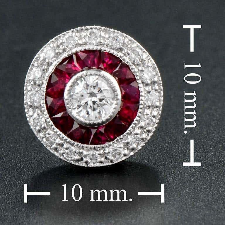 Round Diamond & Red Ruby Double Halo Vintage Style Stud White Gold Earrings For Sale 1