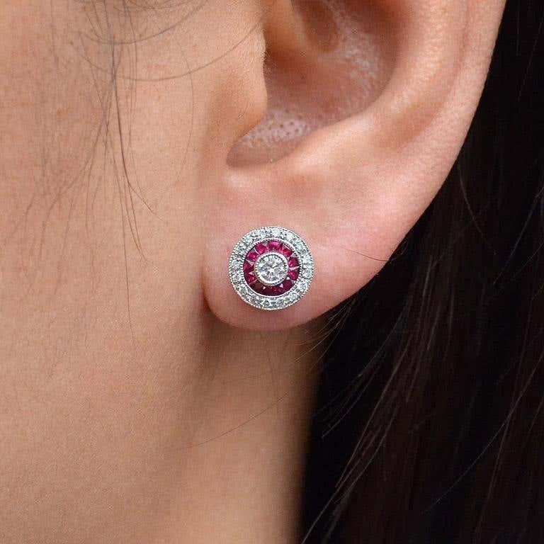 Round Diamond & Red Ruby Double Halo Vintage Style Stud White Gold Earrings For Sale 2
