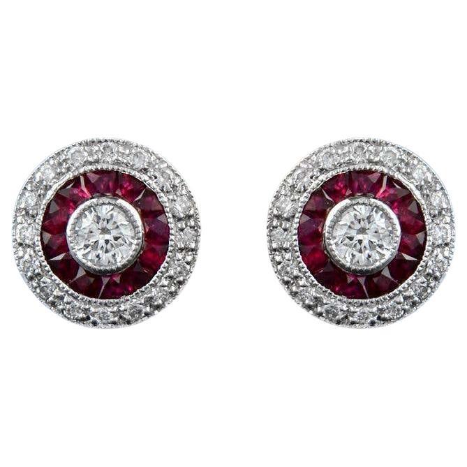Round Diamond & Red Ruby Double Halo Vintage Style Stud White Gold Earrings For Sale