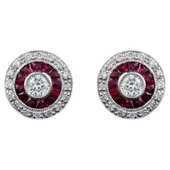 Round Diamond & Red Ruby Double Halo Vintage Style Stud White Gold Earrings