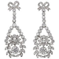 Round Diamond Ribbon Floral Motif Dangling 2.61 Carat Platinum Earrings