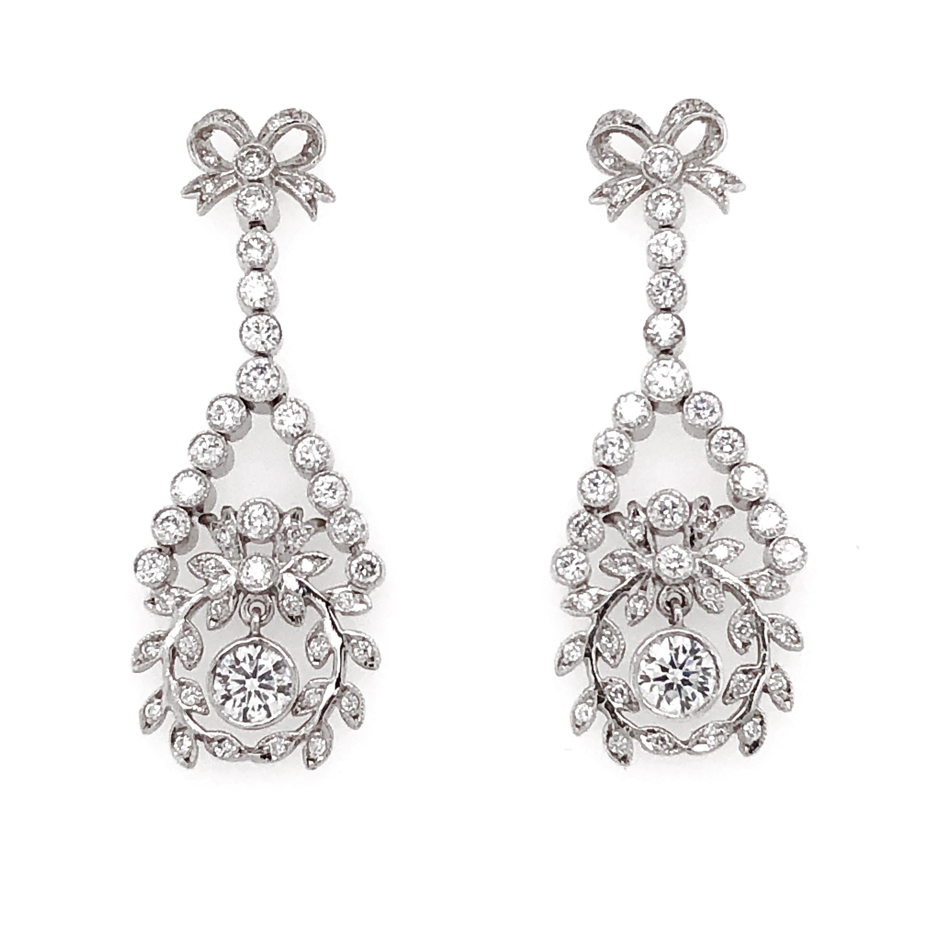 Round Diamond Ribbon Floral Motif Dangling 2.61 Carat Platinum Earrings In New Condition For Sale In New York, NY