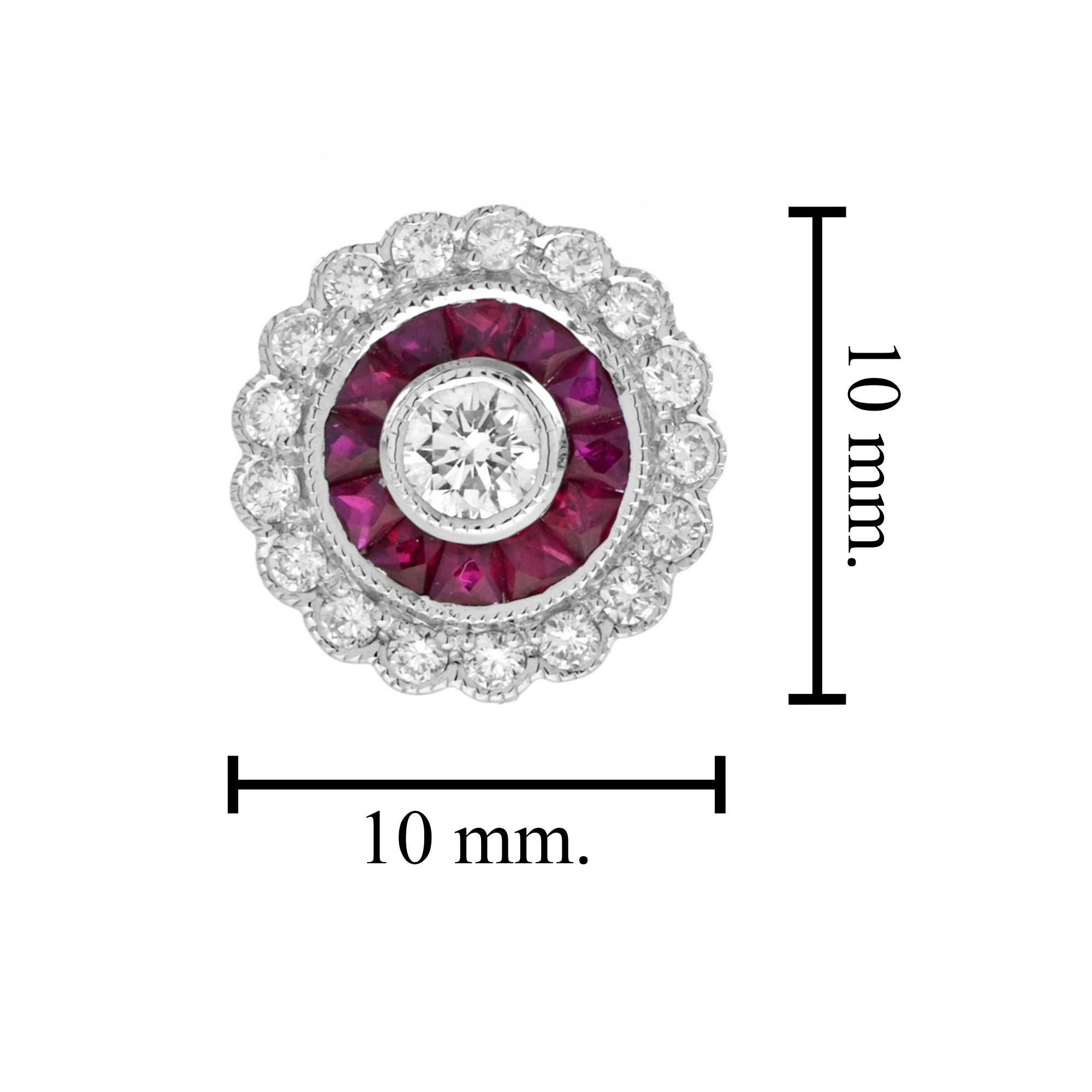Round Diamond & Ruby Art Deco Style Floral Halo Set Stud Earrings (Rundschliff) im Angebot