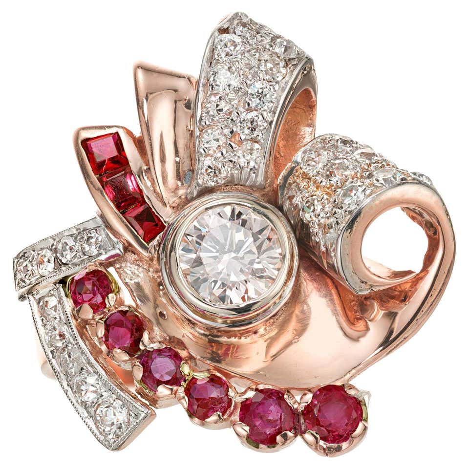Round Diamond Ruby Gold Platinum Swirl Ring at 1stDibs