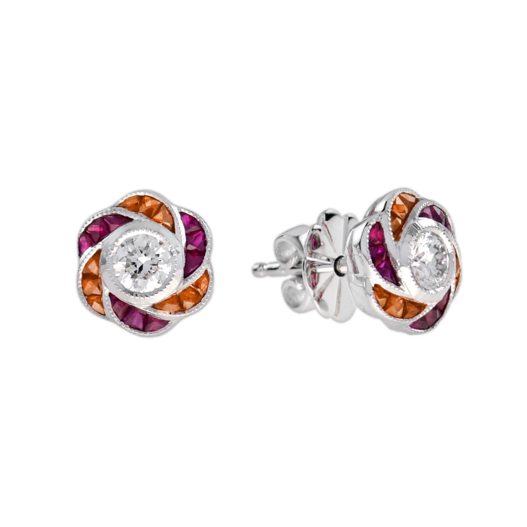 Perfect with everyday wear, these charming vintage Art Deco revivalist design earrings and  pendant feature brilliant cut diamonds surrounded by ruby and bright orange sapphire for rose petals finished look all in 18K white gold. A perfect gift