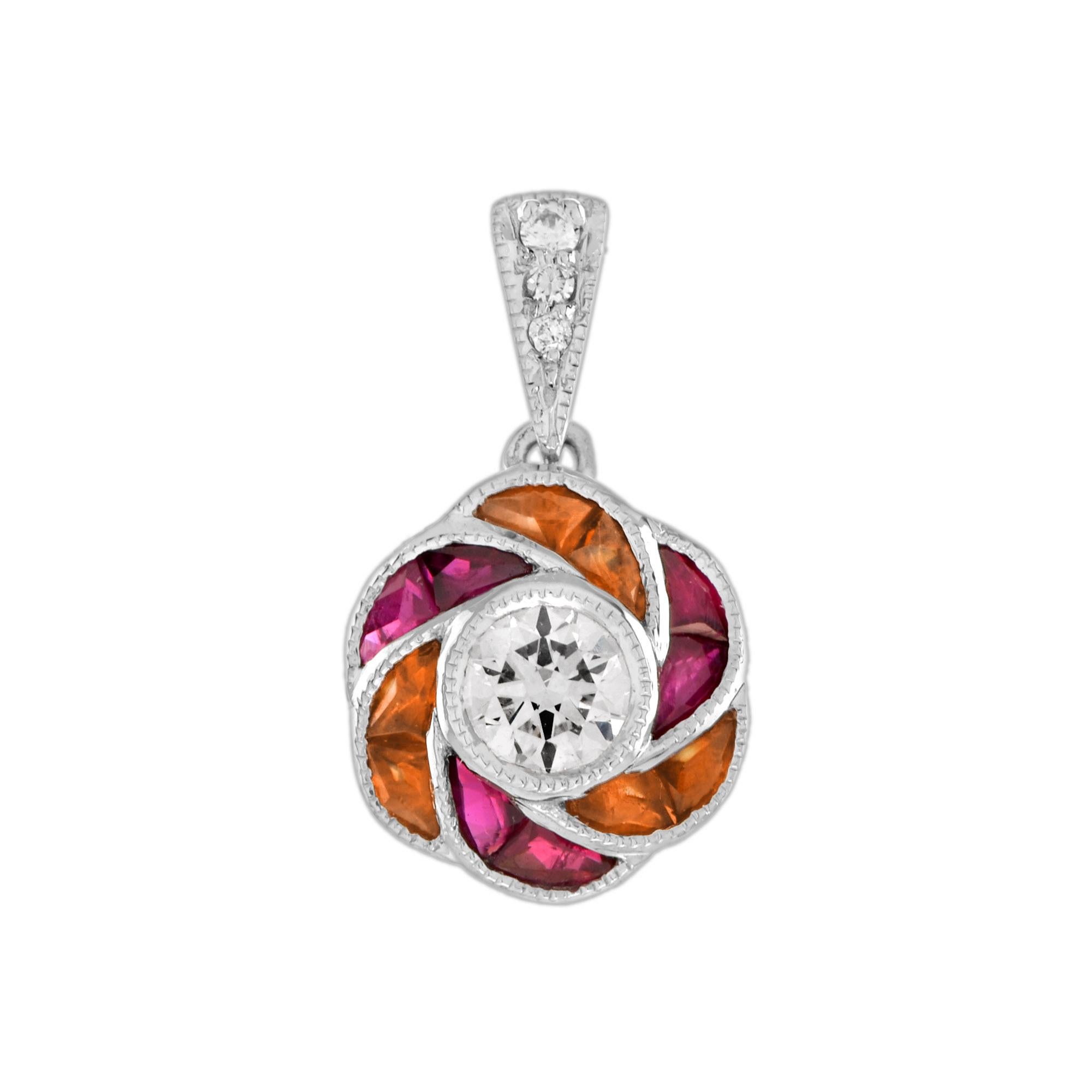 Round Diamond Ruby Orange Sapphire Floral Earrings and Pendant Lover Set For Sale 1