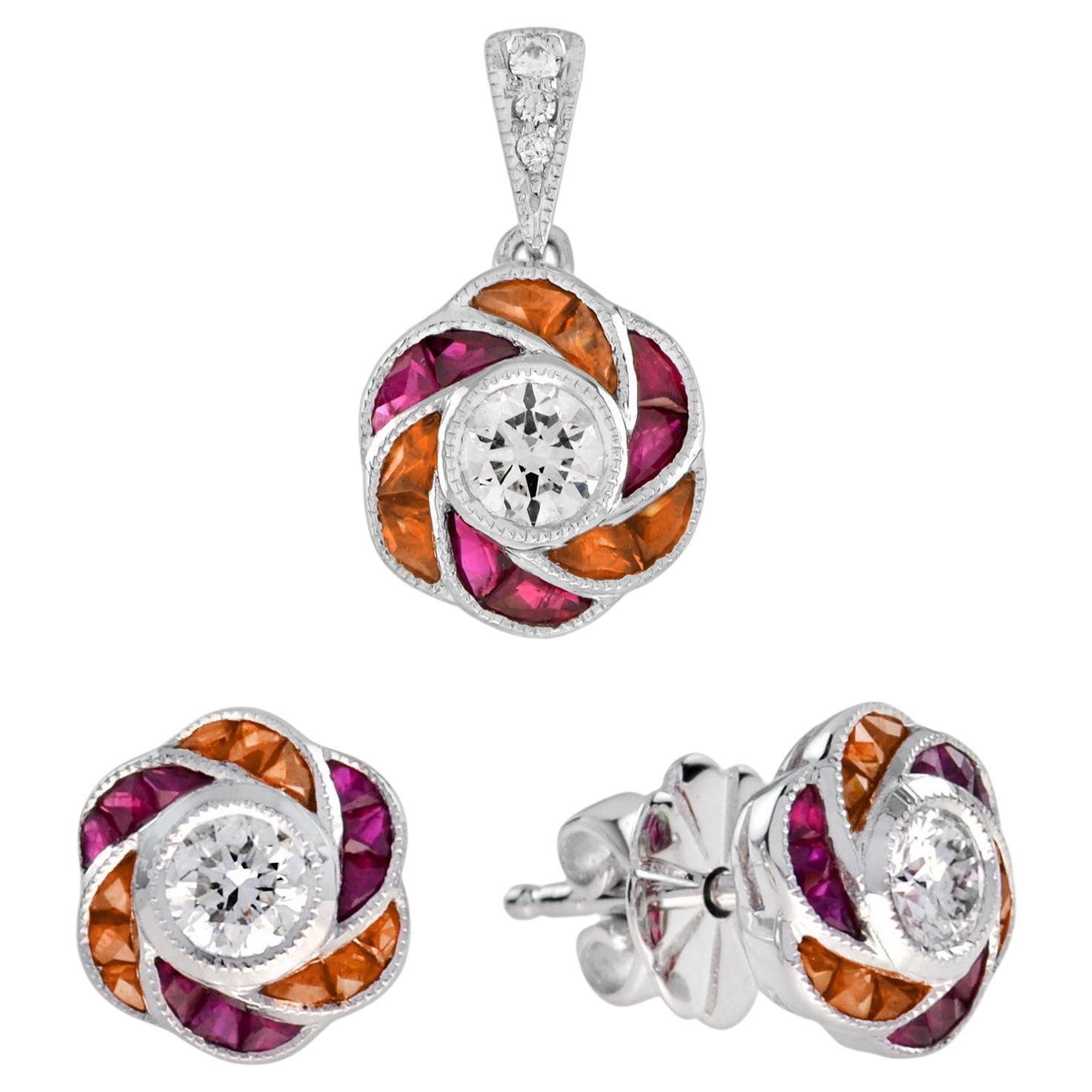 Round Diamond Ruby Orange Sapphire Floral Earrings and Pendant Lover Set For Sale