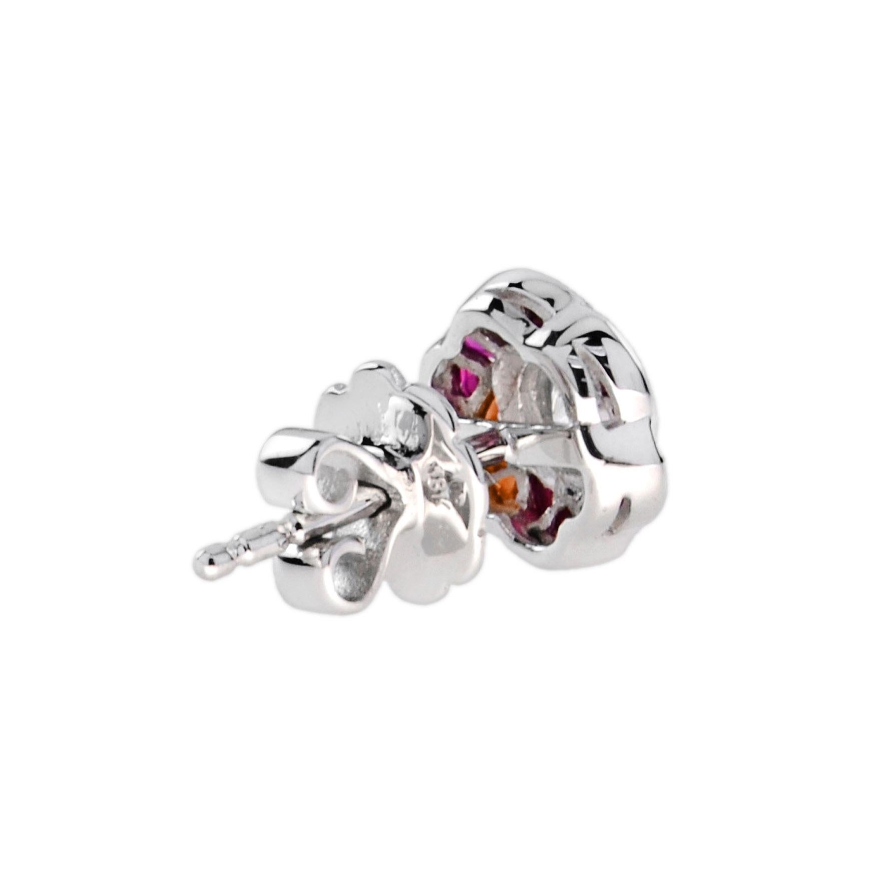 Art Deco Round Diamond Ruby Orange Sapphire Floral Stud Earrings in 18K White Gold For Sale