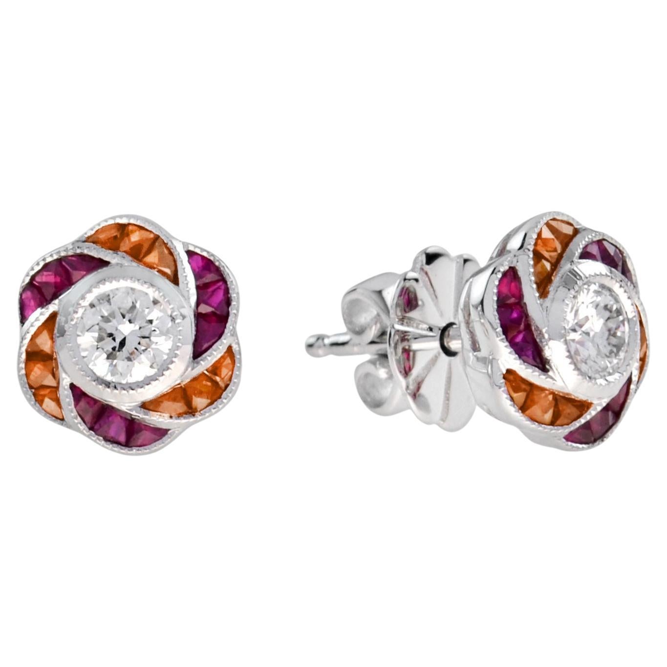 Round Diamond Ruby Orange Sapphire Floral Stud Earrings in 18K White Gold For Sale