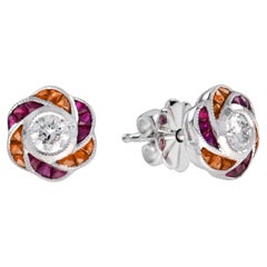 Round Diamond Ruby Orange Sapphire Floral Stud Earrings in 18K White Gold