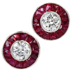 Round Diamond Ruby Platinum Deco Style Halo Stud Earrings