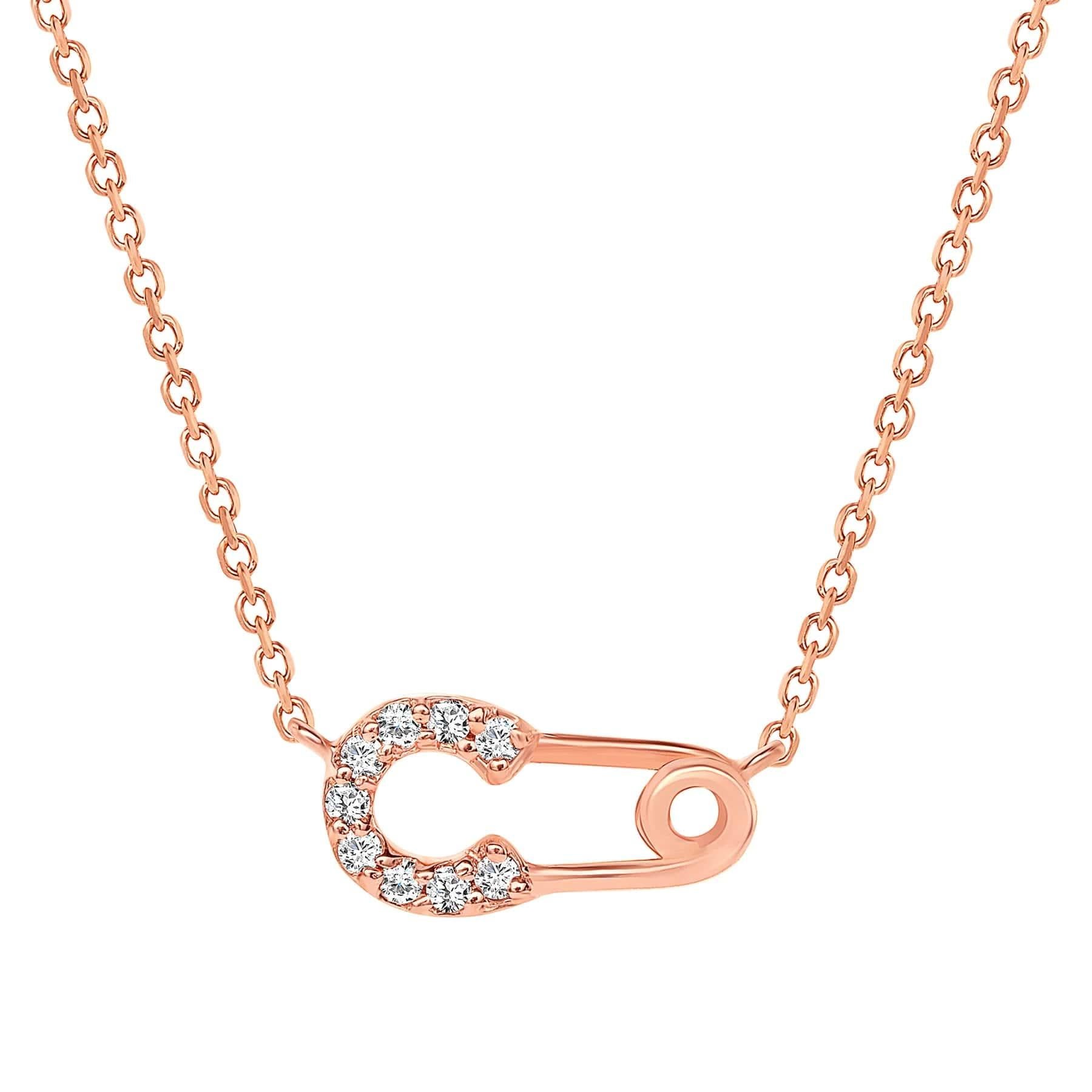 Modern Round Diamond Safety Pin 14K Gold Pendant Necklace For Sale
