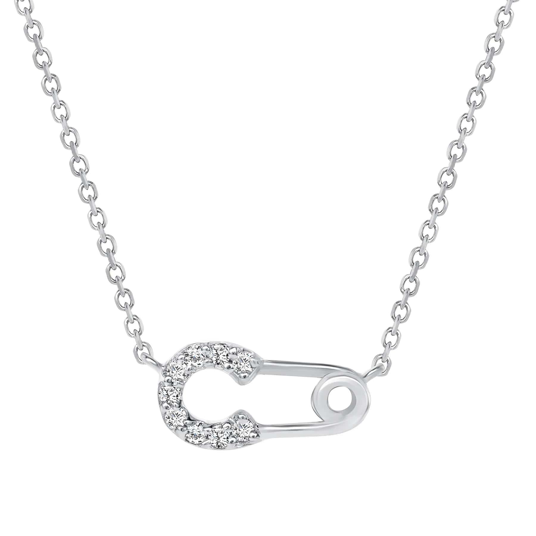 Round Cut Round Diamond Safety Pin 14K Gold Pendant Necklace For Sale