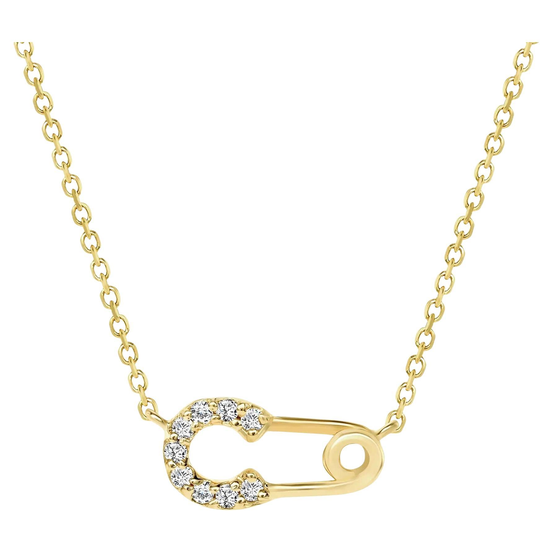 Round Diamond Safety Pin 14K Gold Pendant Necklace For Sale