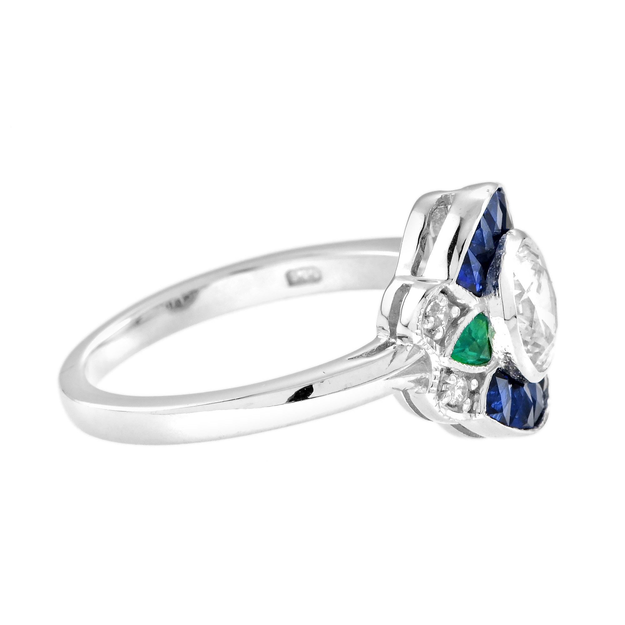 Round Cut Round Diamond & Sapphire and Emerald Art Deco Style 18K White Gold Ring For Sale