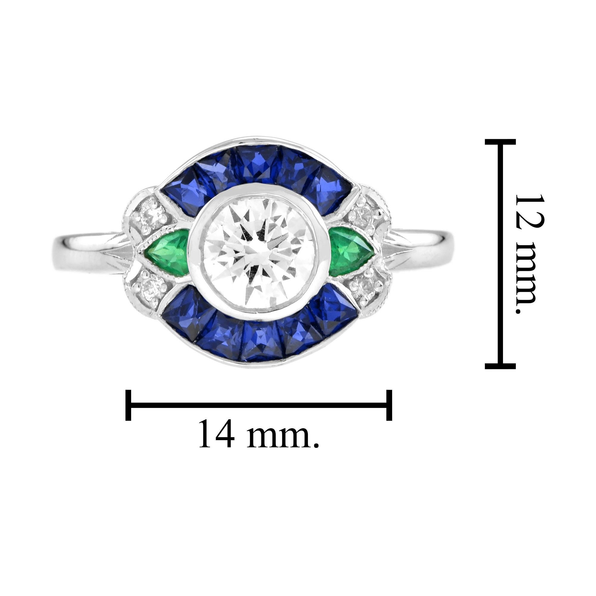 Round Diamond & Sapphire and Emerald Art Deco Style 18K White Gold Ring For Sale 1