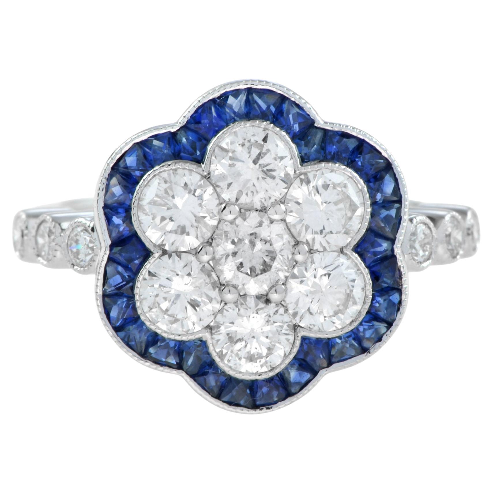 Bague en or blanc à diamants ronds et saphirs de style Art déco avec fleur en grappe