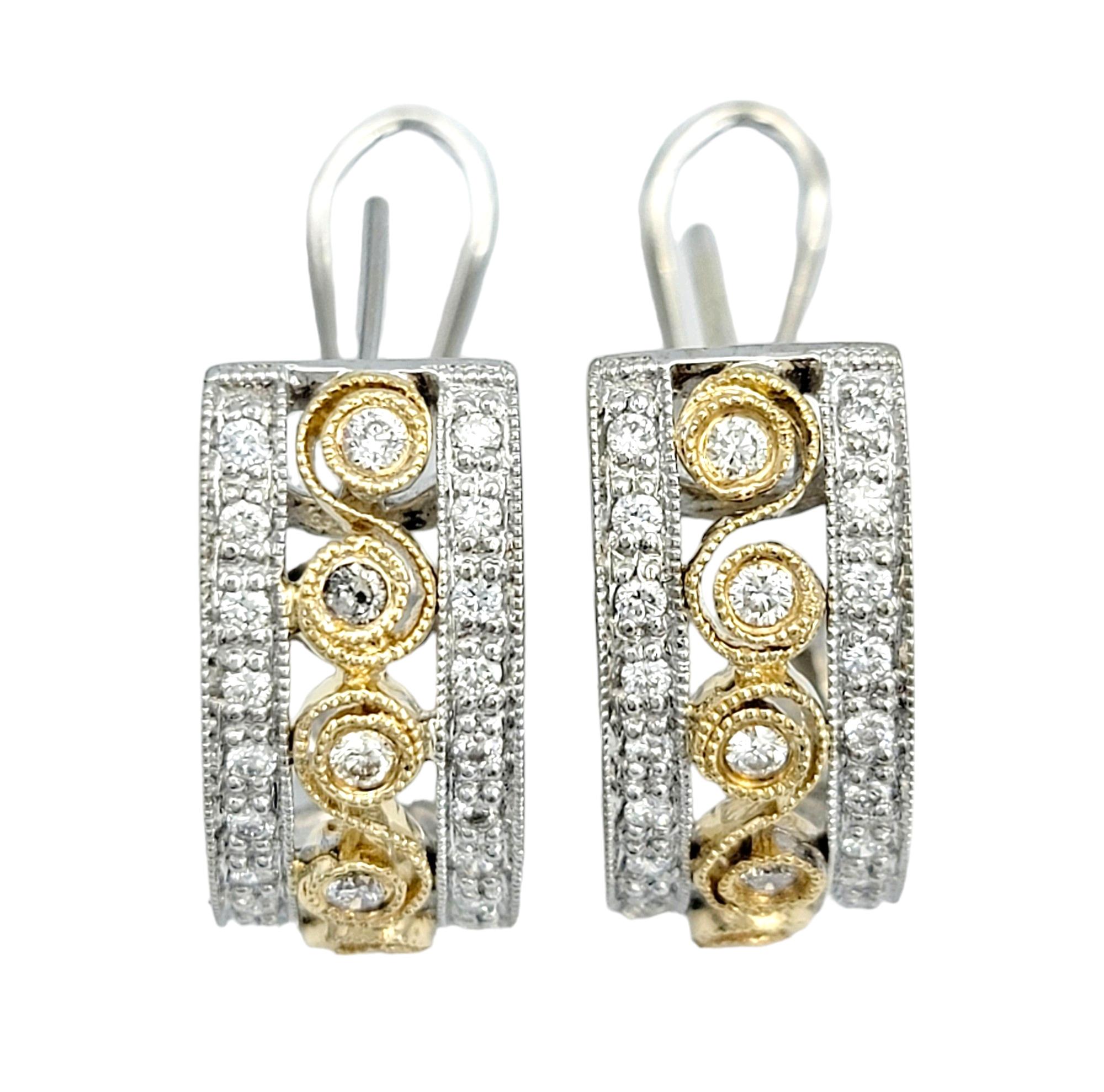 Contemporary Round Diamond Scroll Design J-Hoop Earrings in 14 Karat White and Yellow Gold For Sale