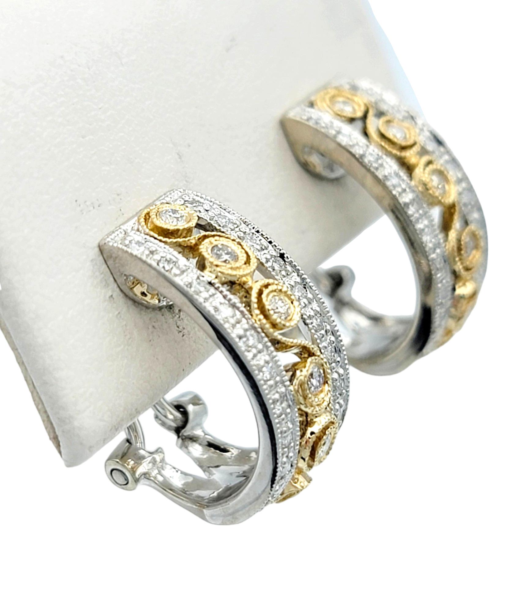 Round Cut Round Diamond Scroll Design J-Hoop Earrings in 14 Karat White and Yellow Gold For Sale