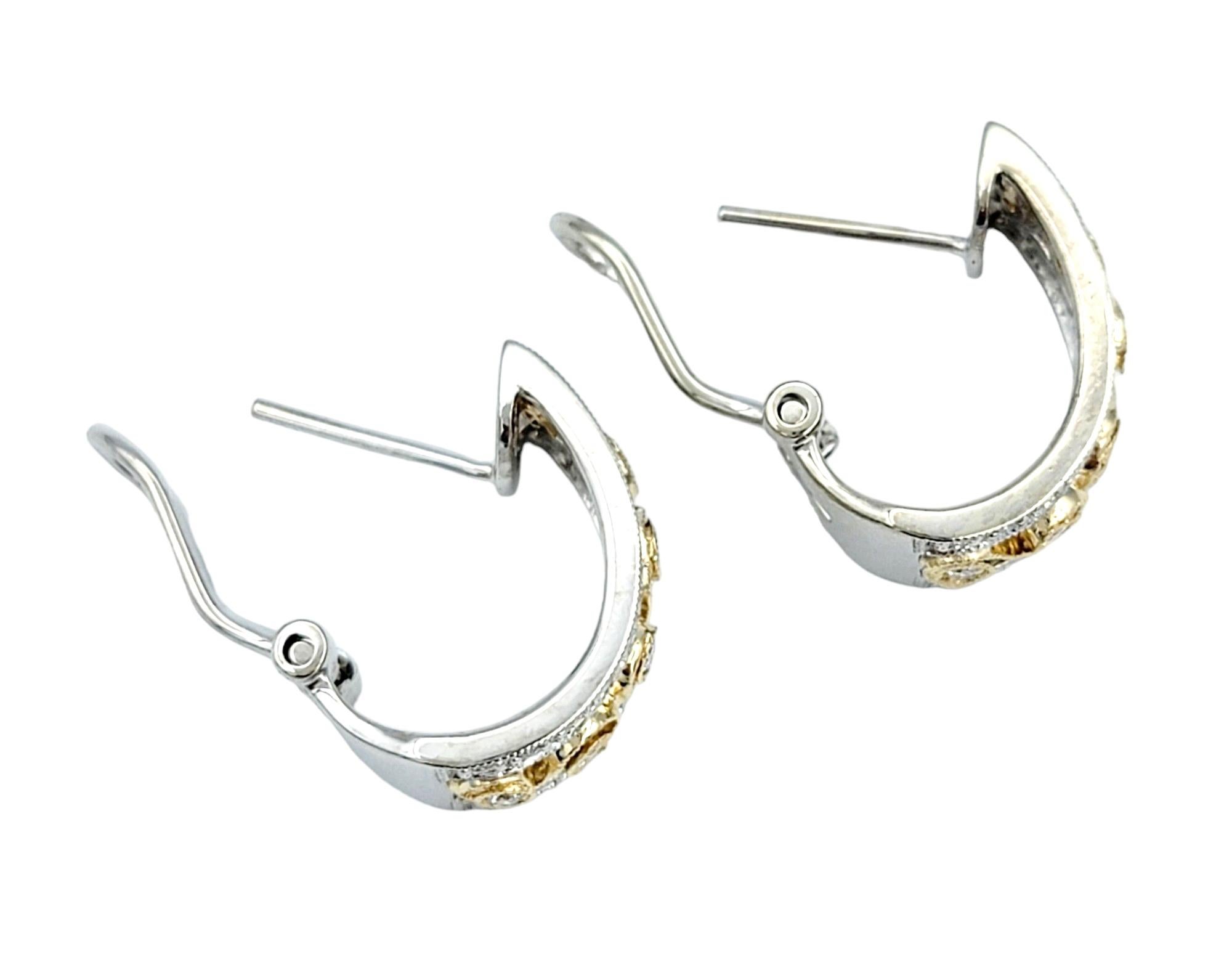 Women's Round Diamond Scroll Design J-Hoop Earrings in 14 Karat White and Yellow Gold For Sale