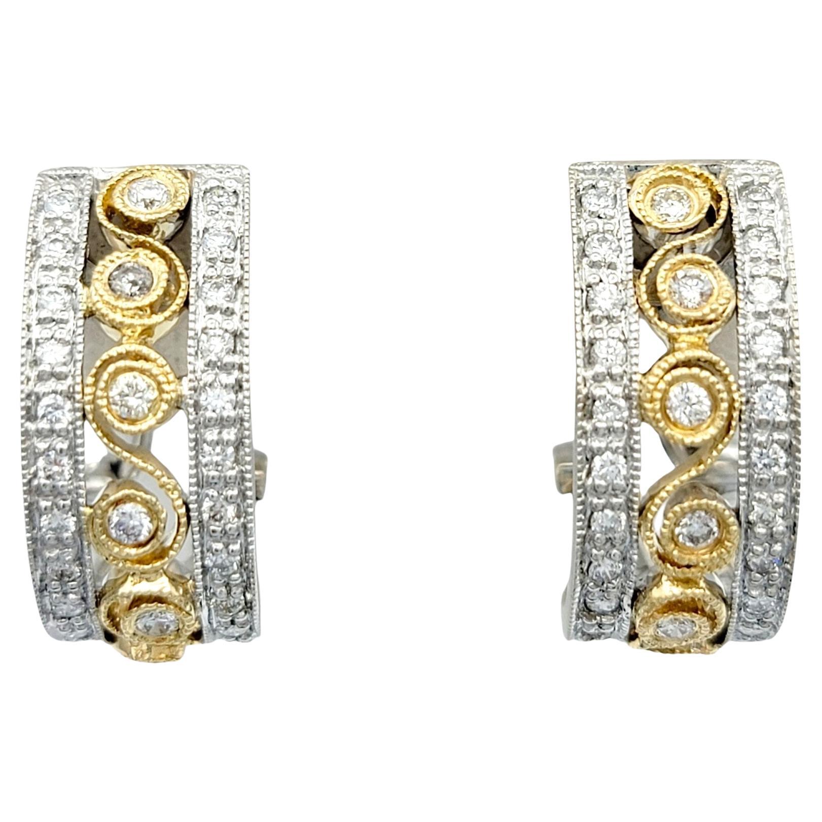 Round Diamond Scroll Design J-Hoop Earrings in 14 Karat White and Yellow Gold For Sale
