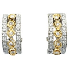 Round Diamond Scroll Design J-Hoop Earrings in 14 Karat White and Yellow Gold