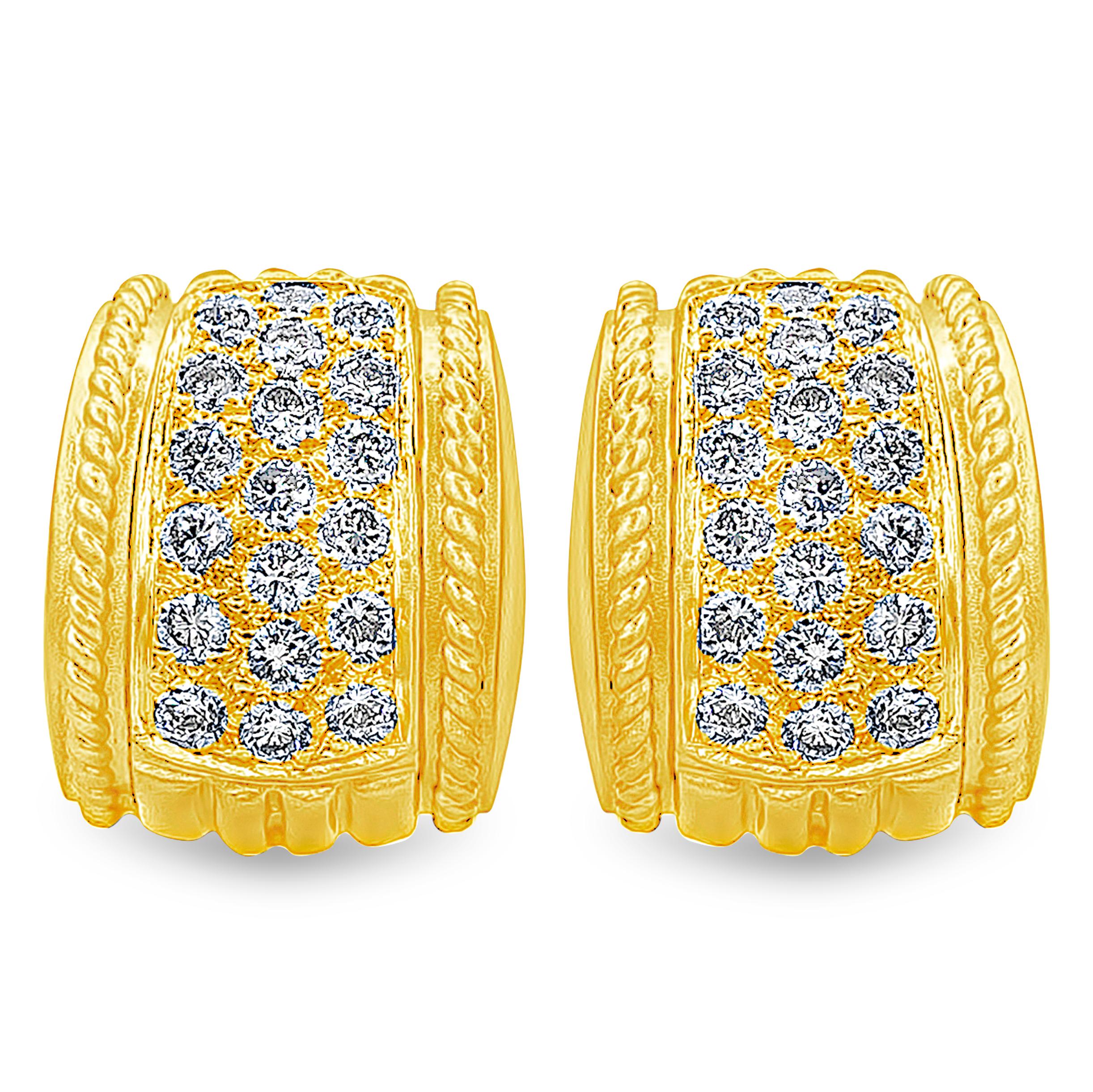 A stylish pair of earrings showcasing round brilliant diamonds, set in a convex, semi-circle design made in 18 karat yellow gold. Diamonds weigh approximately 1.02 carats total. Omega Clip with post.

Style available in different price ranges.