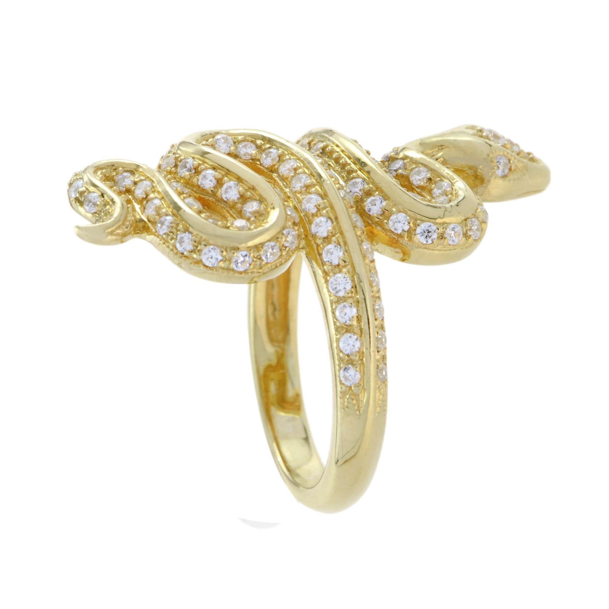 Round Cut Round Diamond Serpent Snake Animalier Cocktail 14K Yellow Gold Ring For Sale