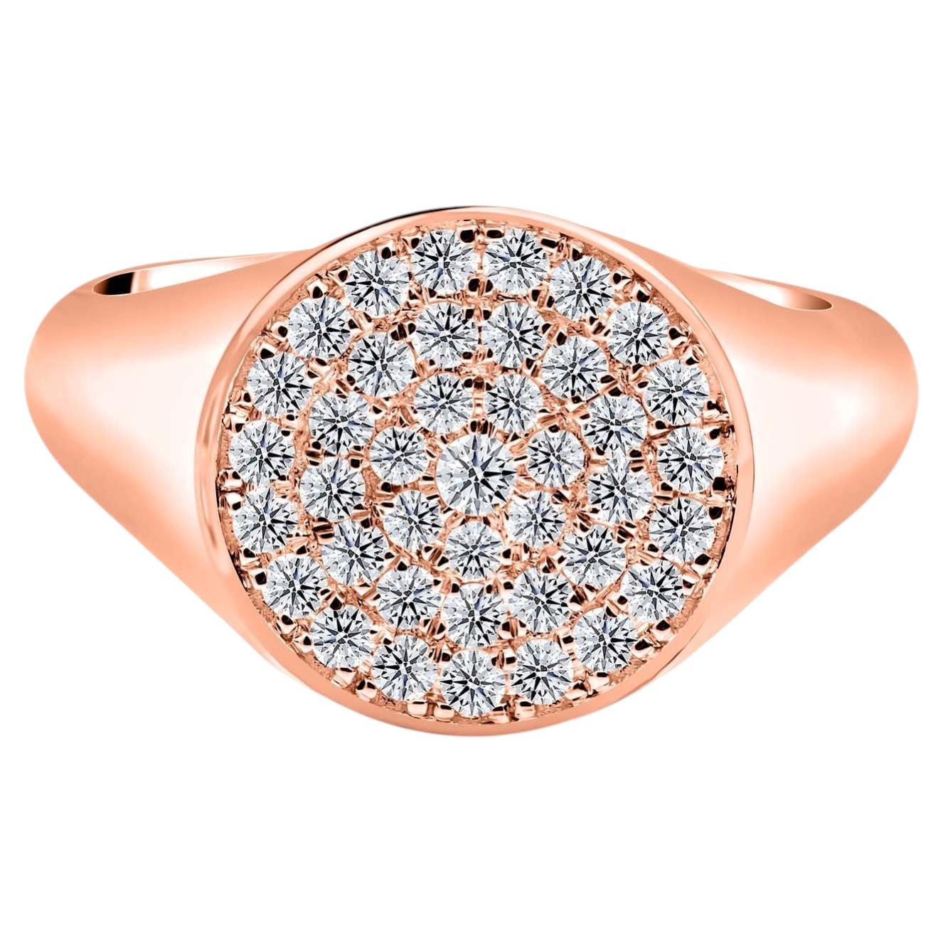 Round Diamond Signet Ring in 18K Rose Gold Natural Diamond Statement Jewelry