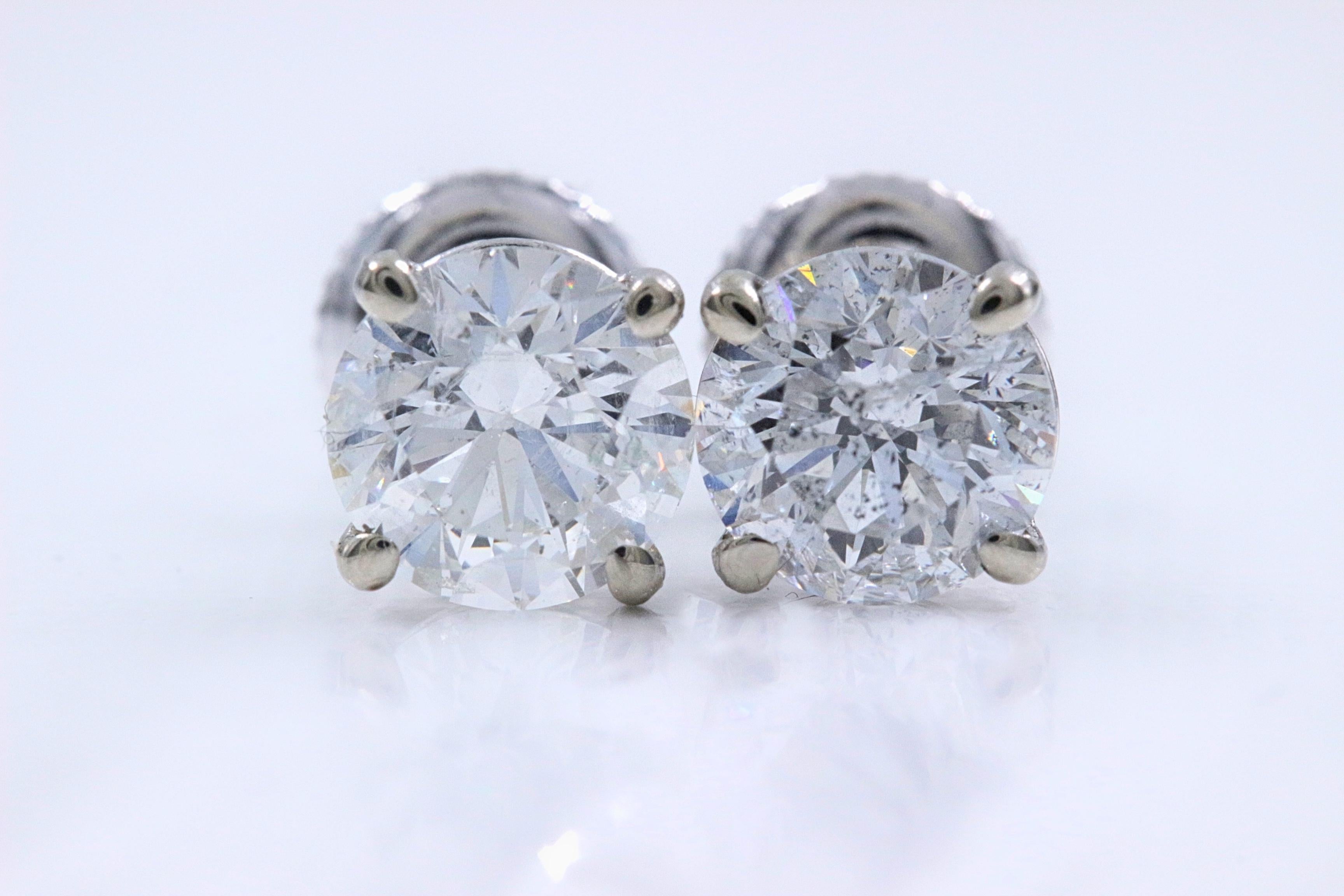 Round Diamond Solitaire Stud Earrings 2.00 Carat Set in 14 Karat White Gold 3