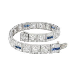 Round Diamond Square Sapphire Hinged Art Deco Platinum Bracelet