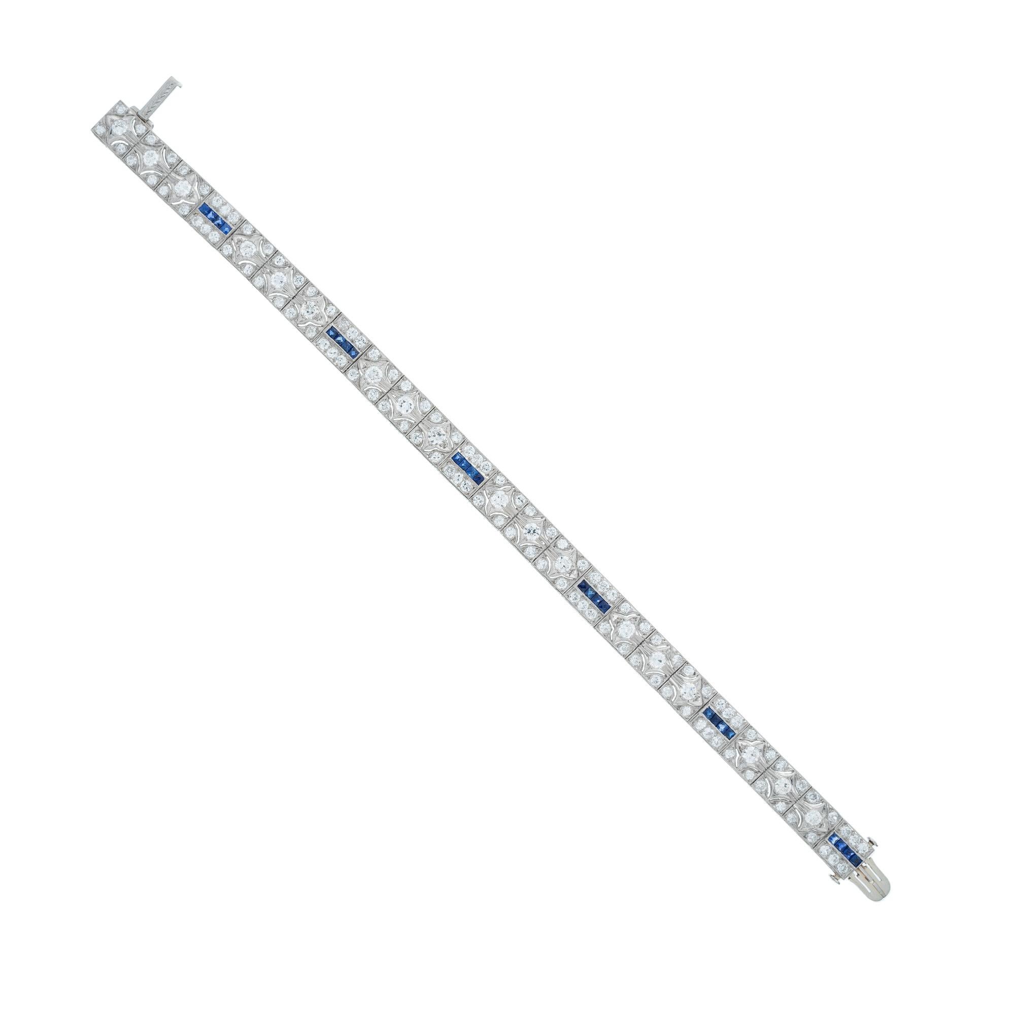 Round Cut Round Diamond Square Sapphire Hinged Art Deco Platinum Bracelet For Sale