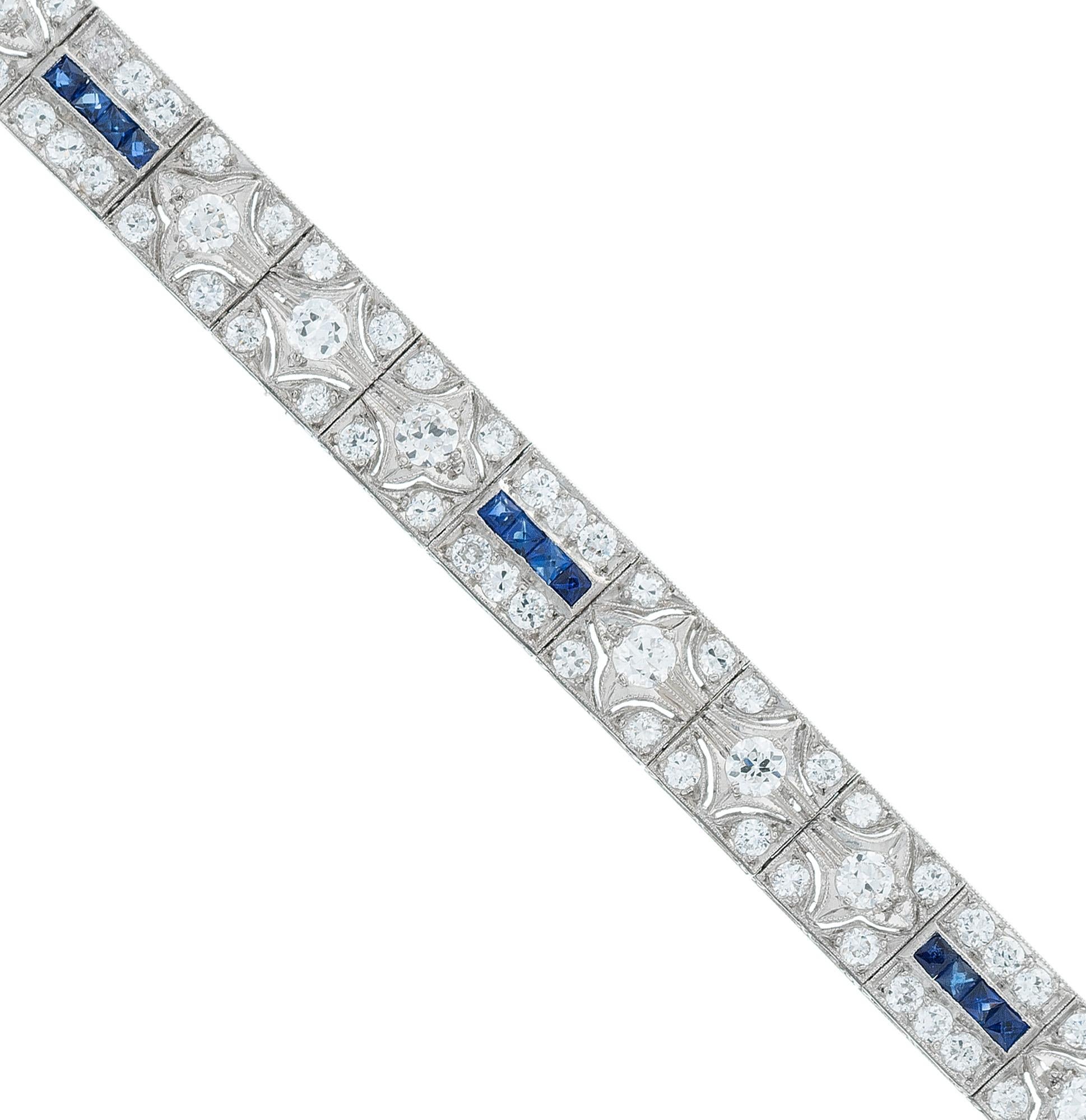 Women's Round Diamond Square Sapphire Hinged Art Deco Platinum Bracelet For Sale