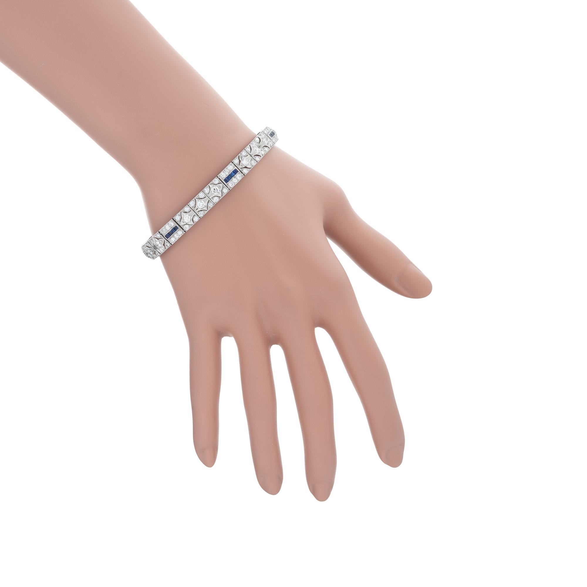 Round Diamond Square Sapphire Hinged Art Deco Platinum Bracelet For Sale 1