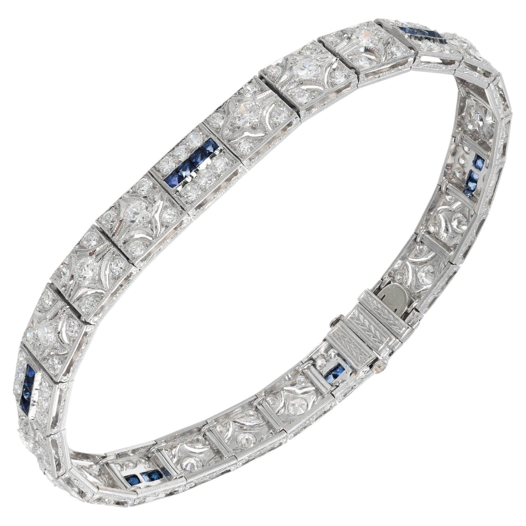 Round Diamond Square Sapphire Hinged Art Deco Platinum Bracelet