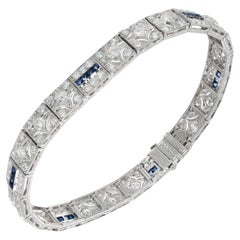  Bracelet Art déco à charnières en platine avec diamants ronds et saphirs carrés