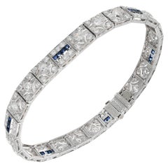 Art Deco Platinarmband mit Scharnier, runder Diamant, quadratischer Saphir
