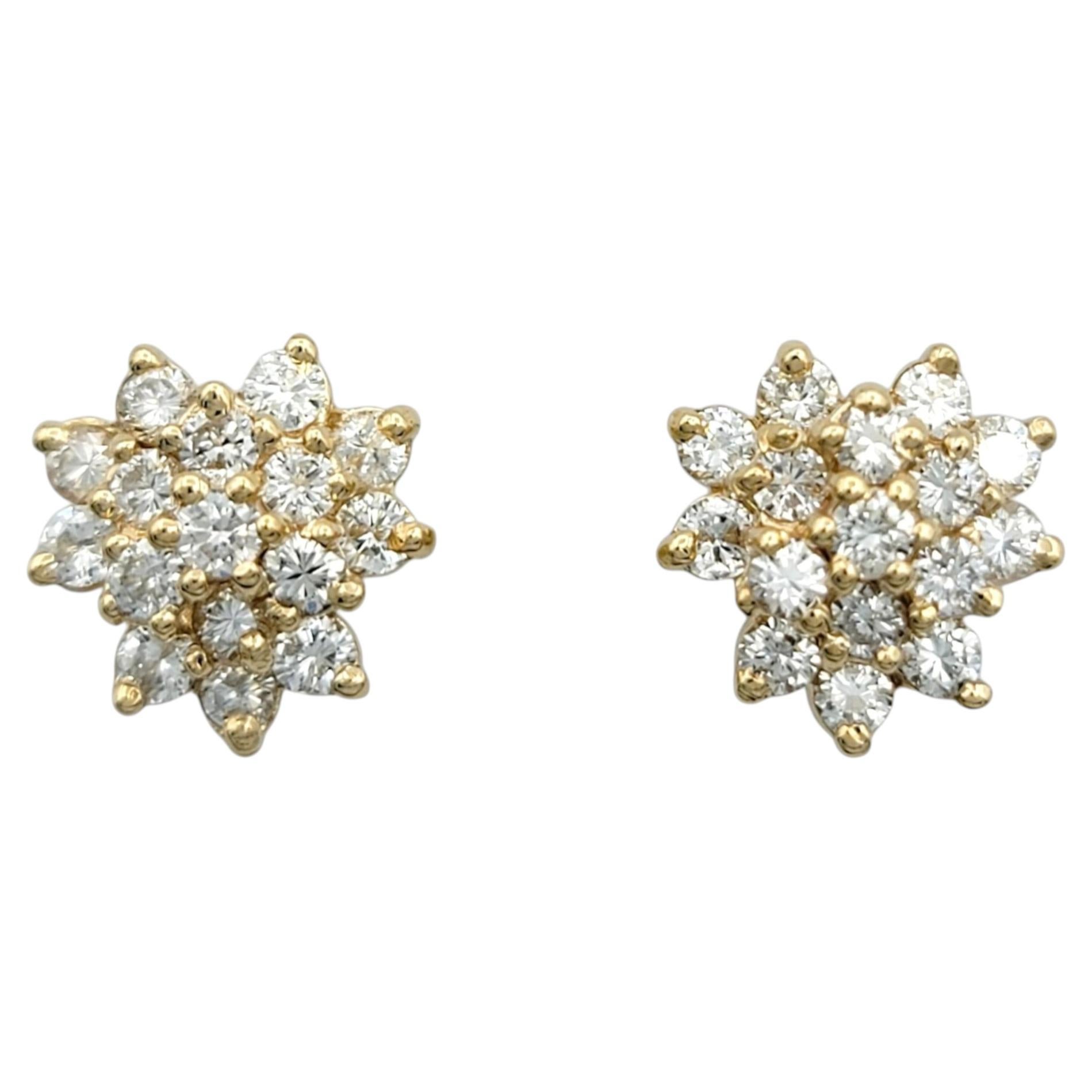 Round Diamond Stacked Cluster Stud Earrings in 14 Karat Yellow Gold
