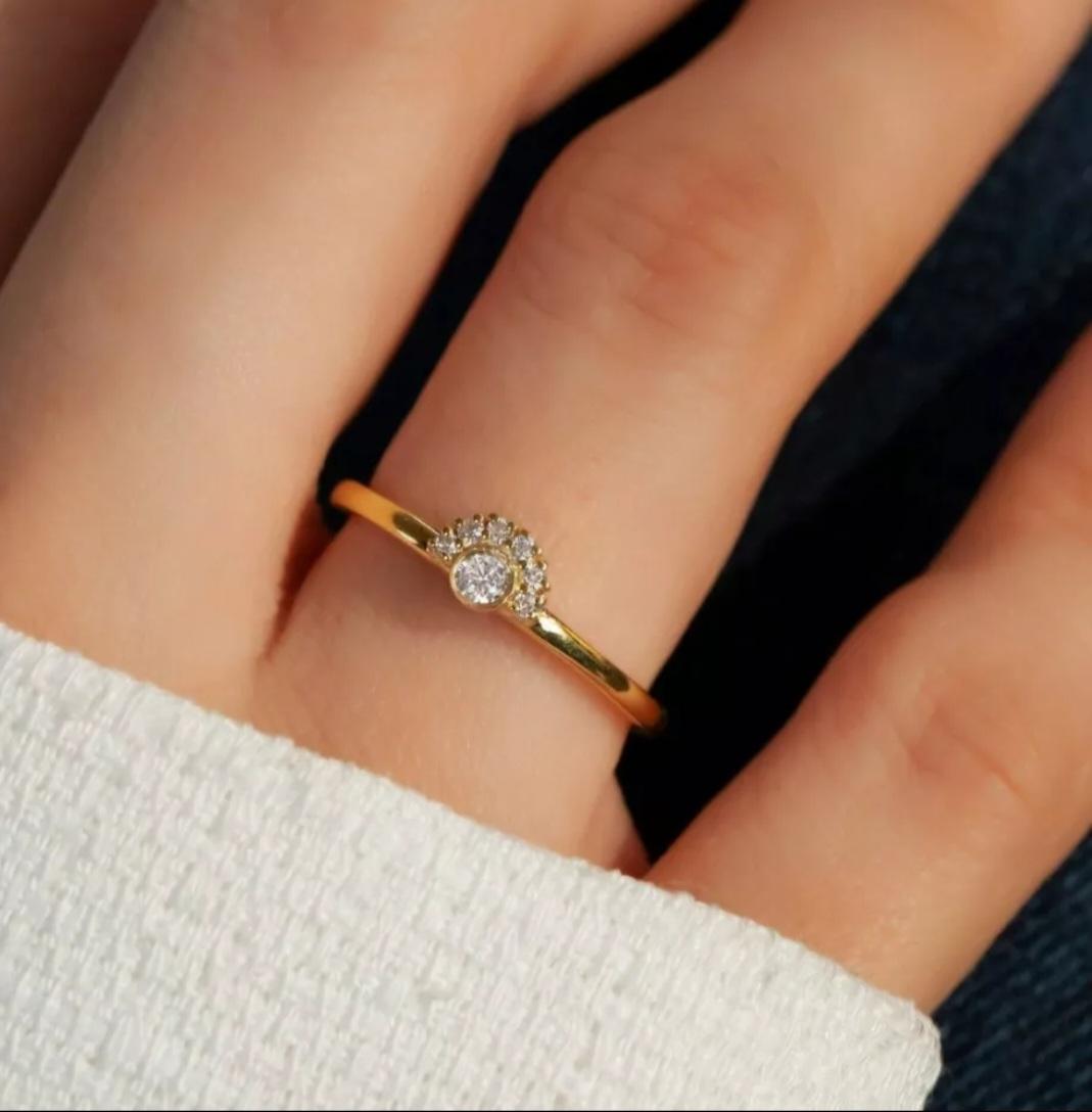 Art Deco Round Diamond Stacking Ring 14K Solid Gold Bezel Diamond Engagement Ring Gift. For Sale