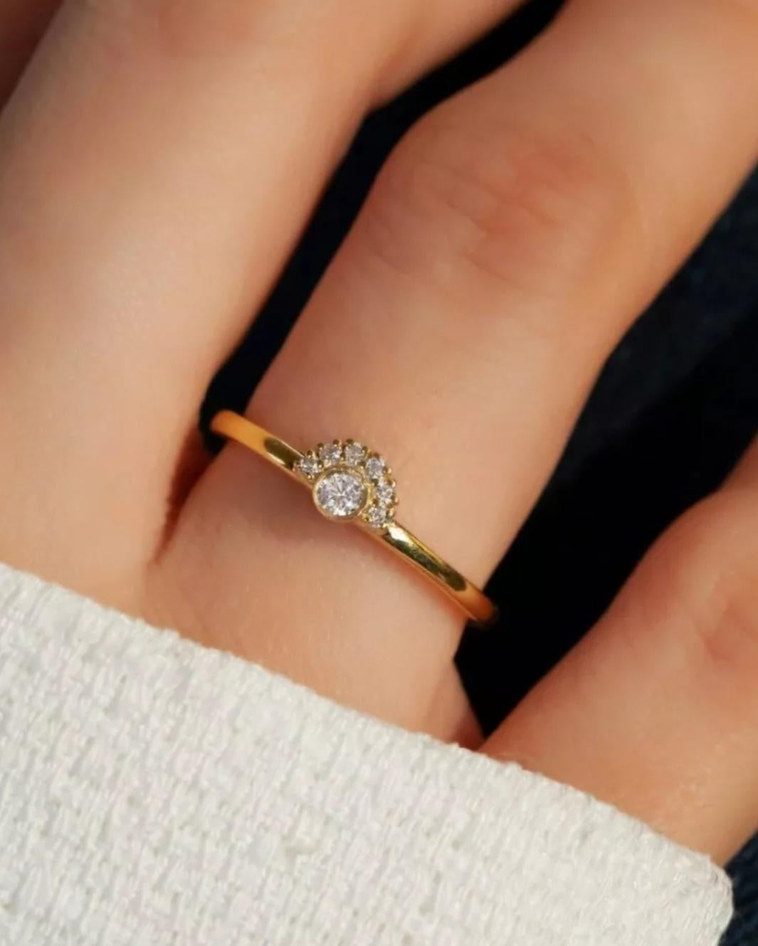 Round Cut Round Diamond Stacking Ring 14K Solid Gold Bezel Diamond Engagement Ring Gift. For Sale