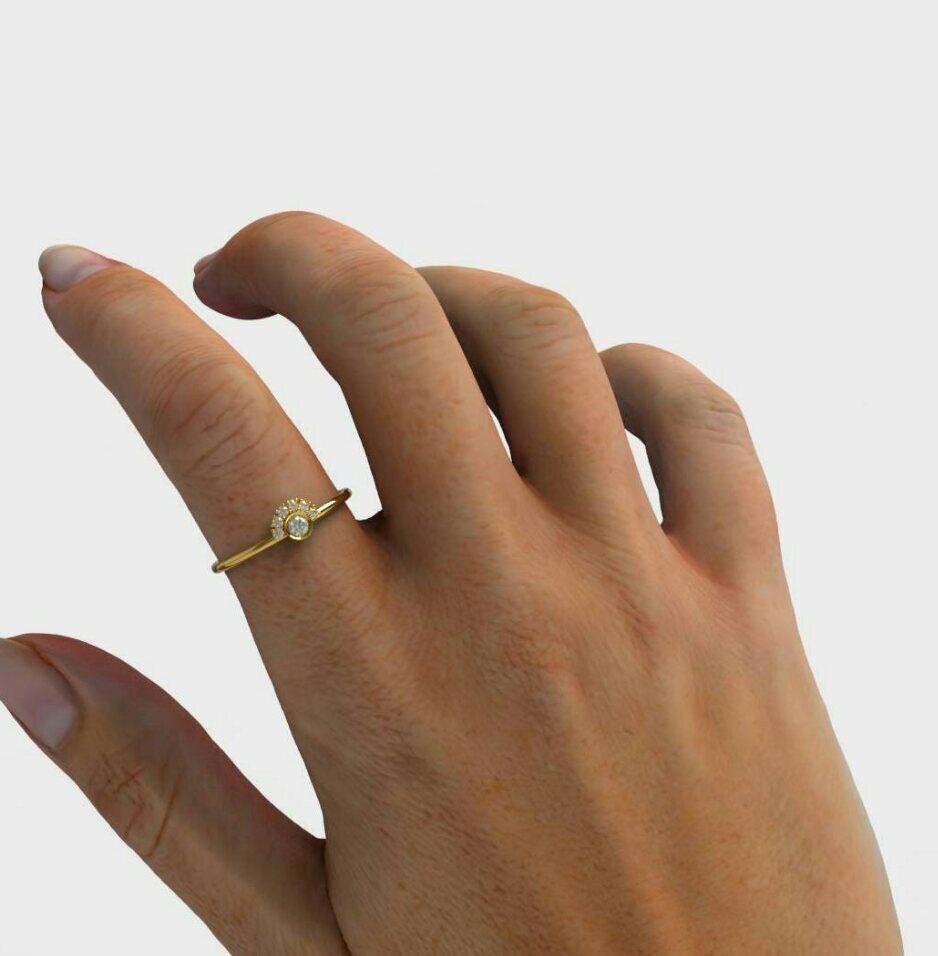 Bague de fiançailles empilable en or massif 14 carats avec chaton en diamants ronds, cadeau de fiançailles en vente 1